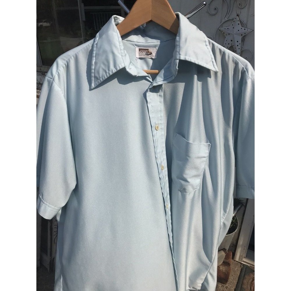 VTG Wards MOD Mens L 17 Blue Polyester Office Nerd 70s Shirt Short Sleeve Pocket